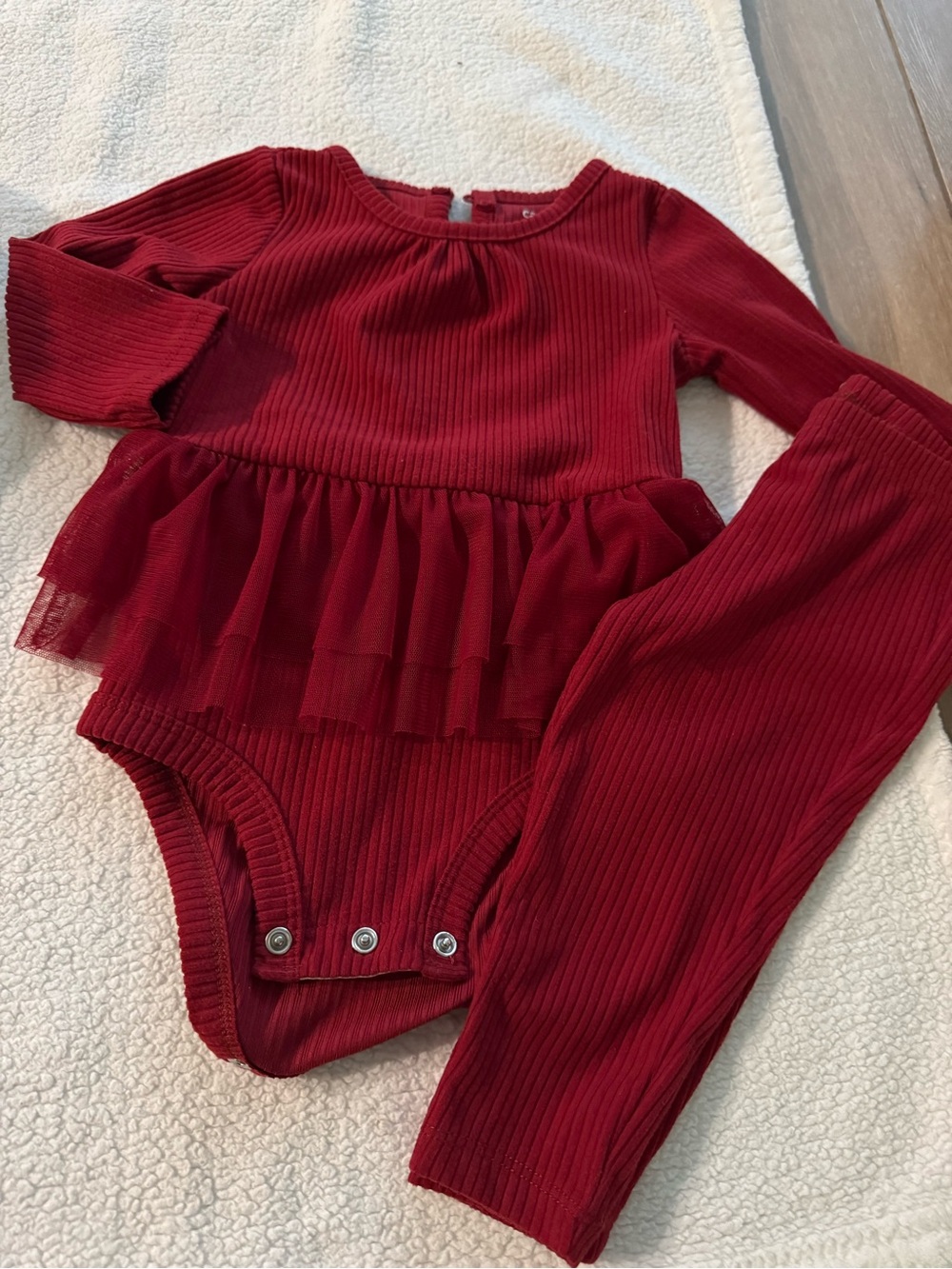 Carter's Long-Sleeve Ribbed Red One-Piece with Tulle Peplum & Pants